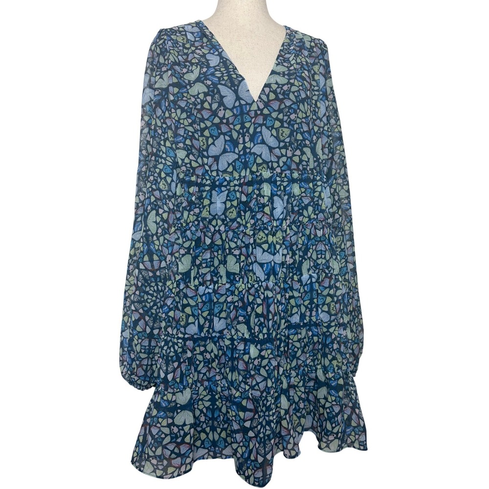 Ted Baker London Butterfly Print Tiered Mini Smock Dress Blue V-Neck Size 2
